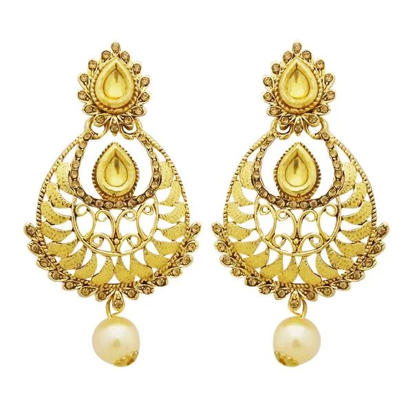 luxury earrings for women-Jheel Gold Plated Stone Pearl Drop Dangler Earrings - 2900231A