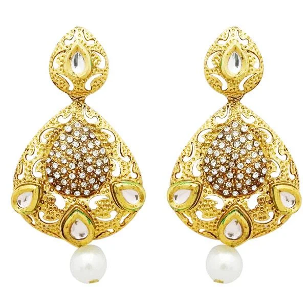 luxury hoop earrings for women-Jheel Stone Gold Plated Pearl Drop Dangler Earrings - 2900229B