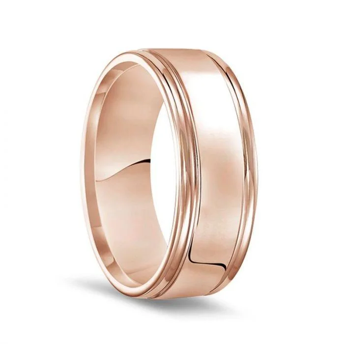 double band engagement rings for women-14k Rose Gold Polished Finish Rolled Edges Men’s Wedding Band - 8mm