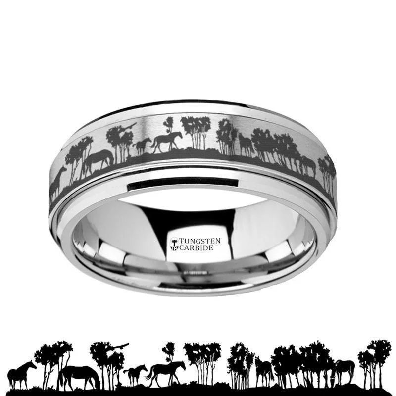 princess cut diamond engagement rings for women-Spinning Engraved Wild Horse Scene Tungsten Carbide Spinner Wedding Band - 8mm