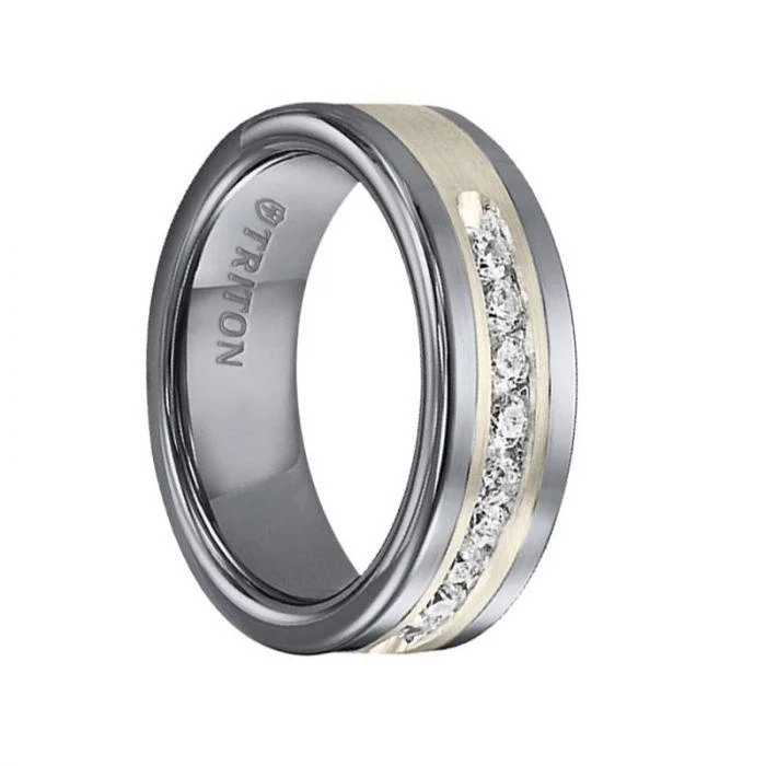 affordable engagement rings for women-REGINALD Flat Tungsten Carbide Wedding Band with Satin Finished Silver Inlay and Channel Set Diamonds by Triton Rings - 8 mm