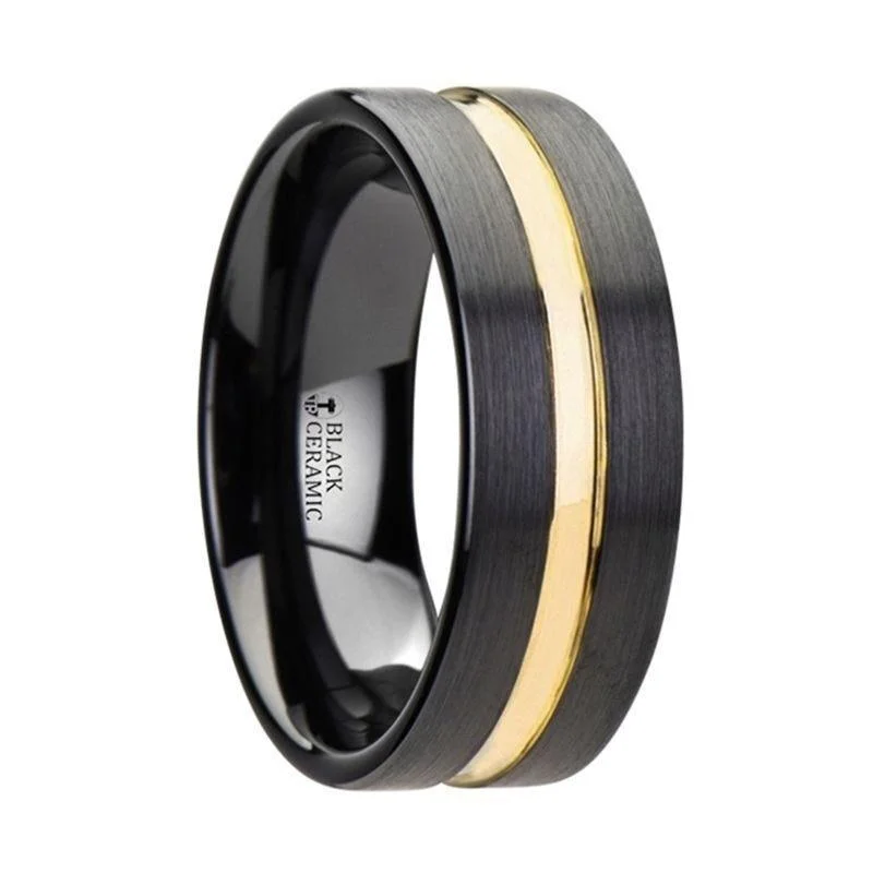 vintage engagement rings for women-VIVALDI Black Ceramic Wedding Band With Yellow Gold Groove - 4mm - 8mm