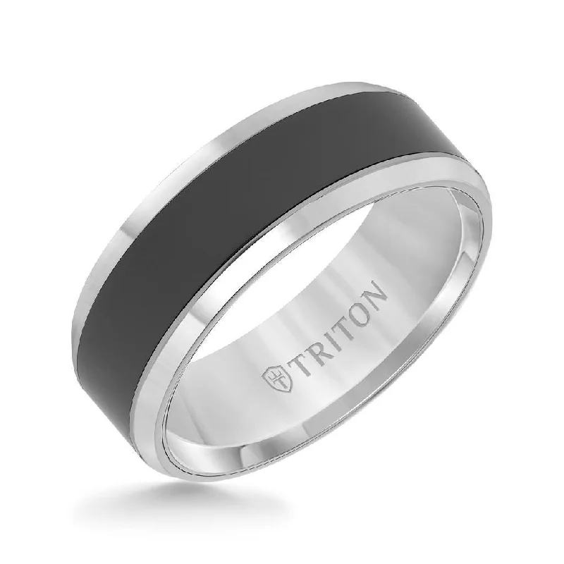 simple engagement rings for women-ALGERNON Tungsten Wedding Band with Polished Beveled Edges and Black Ceramic Inlay by Triton Rings - 8 mm