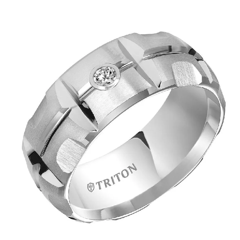 twist engagement rings for women-SPENCER Domed White Tungsten Carbide Wedding Band with Matrix Pattern Center and Solitaire Diamond Setting by Triton Rings - 9 mm