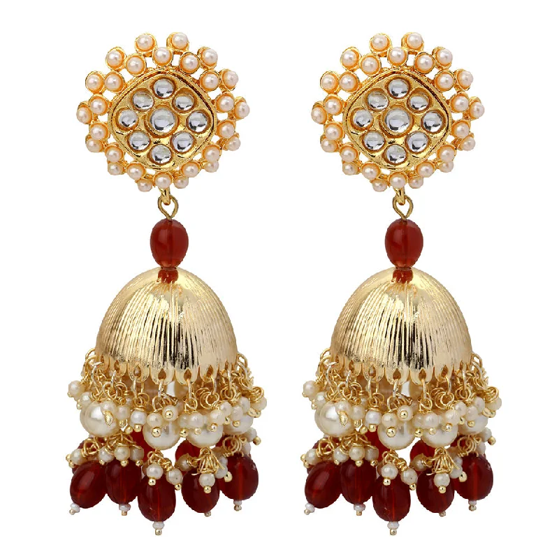 bar earrings for women-Mahi Gold Plated Maroon and White Artificial Pearls Indian Traditiol Ethnic Jhumka Earring for Women (ER1109817GMar)