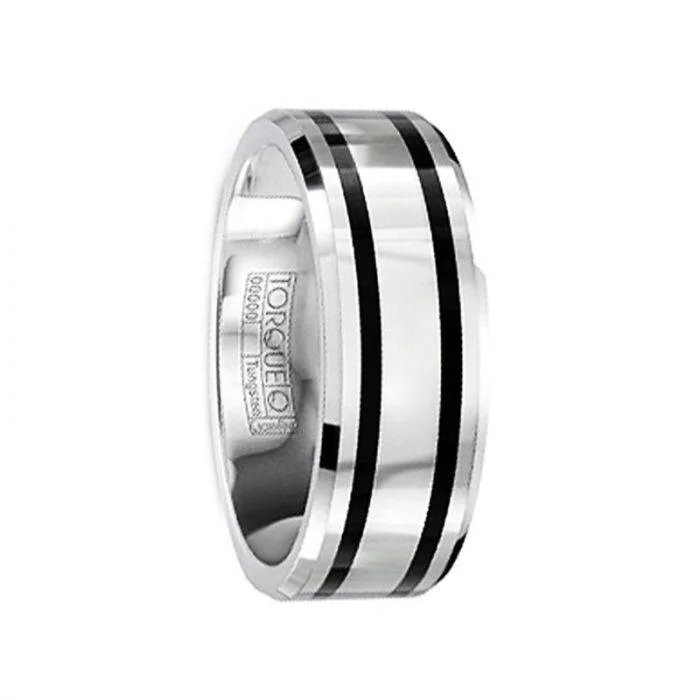 oval halo engagement rings for women-FABIANUS Tungsten Carbide Wedding Band with Black Enamel Inlay & Polished Finish - 8mm