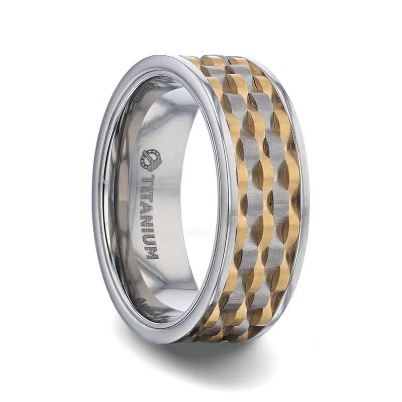 delicate engagement rings for women-MONTROSE Wavy Gold And Gunmetal Texture Pattern Inlaid Titanium Men's Wedding Band With Flat Polished Profile - 8mm