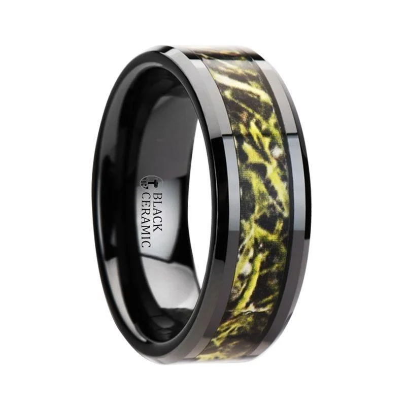 sapphire halo engagement rings for women-EVERGLADE Black Ceramic Wedding Band with Green Marsh Camo Inlay - 8mm