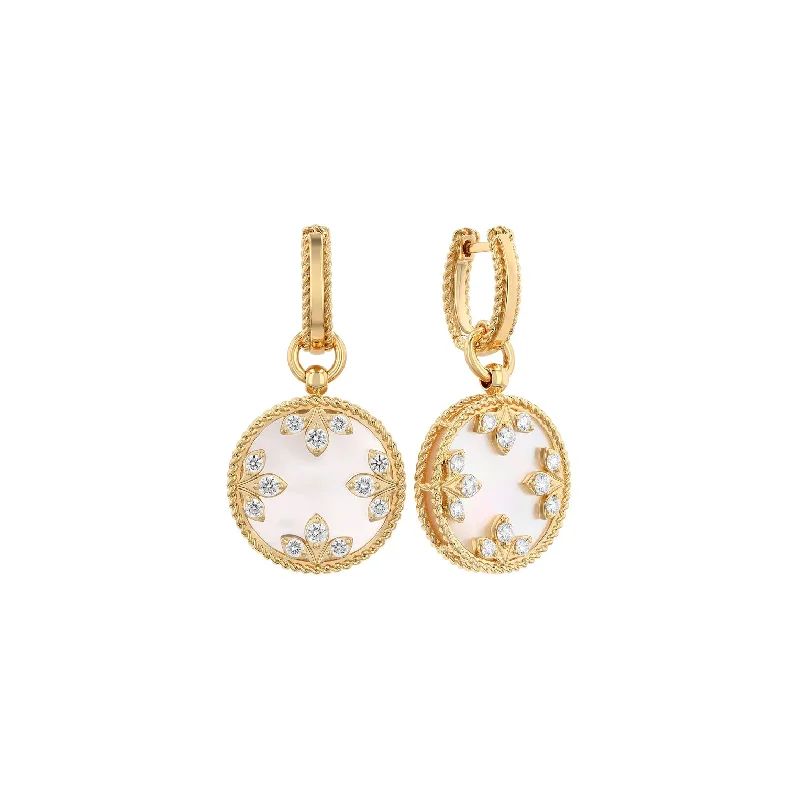 emerald earrings for women-Diamond & Mother of Pearl Circle Dangle Hoop Earrings in Yellow Gold