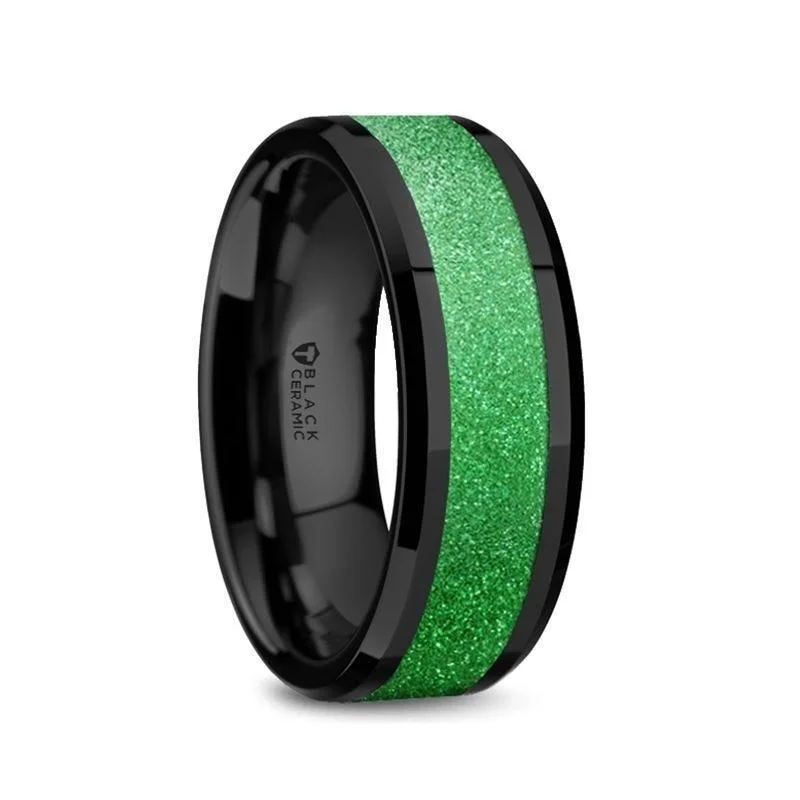 stackable engagement rings for women-WAIKIKI Black Ceramic Polished Beveled Edges Sparkling Green Inlay Men’s Wedding Band - 8mm