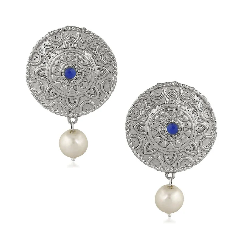 drop earrings for women-Mahi Blue Kundan and Artificial Pearl Traditional Dangler Earrings for Women (VECJ100226)