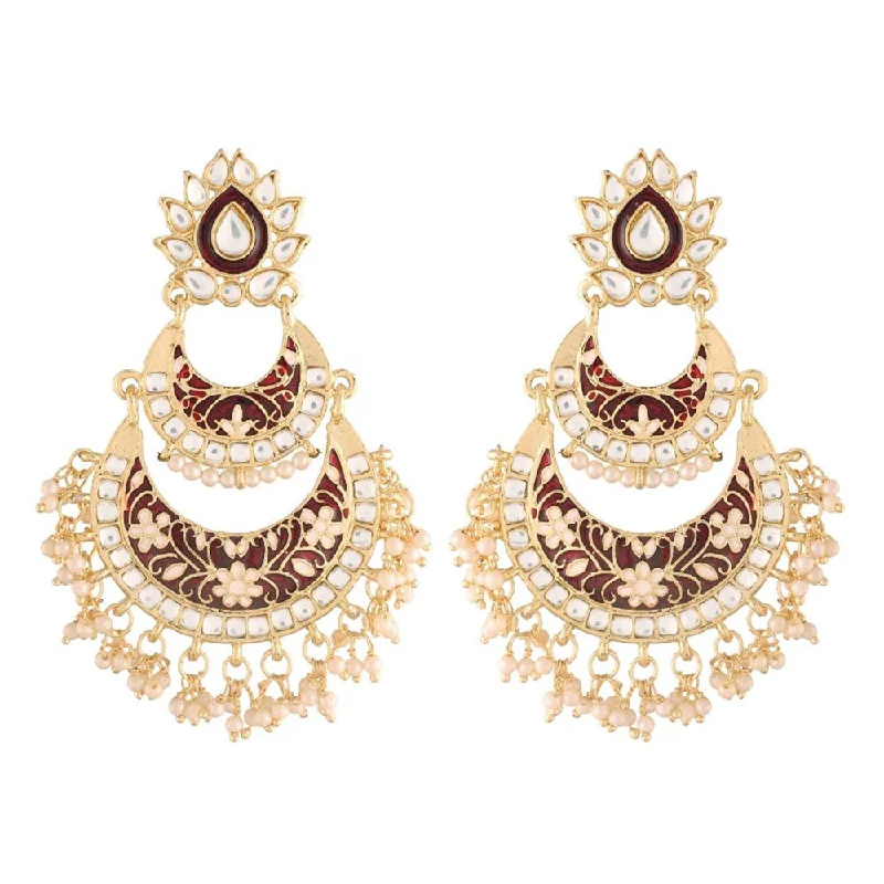 gemstone earrings for women-Etnico Women's Gold Plated Intricately Designed Traditional Meenakari Earrings Glided with Kundans & Pearls (E3003M)