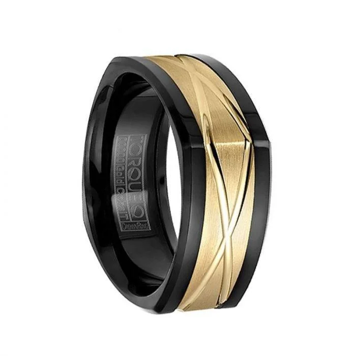 custom design engagement rings for women-Soft Squared Polished Black Cobalt Wedding Band with Grooved 14k Yellow Gold Inlay - 9mm