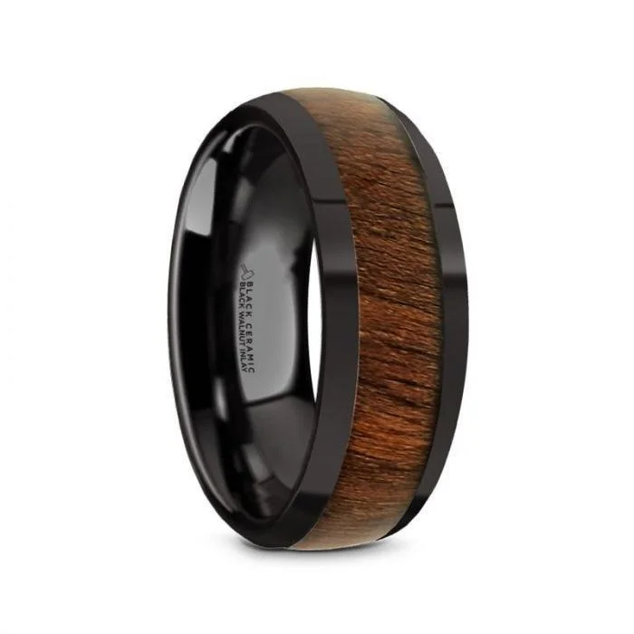 oval diamond engagement rings for women-WALLACE Black Ceramic Polished Finish Men’s Domed Wedding Band with Black Walnut Inlay - 8mm