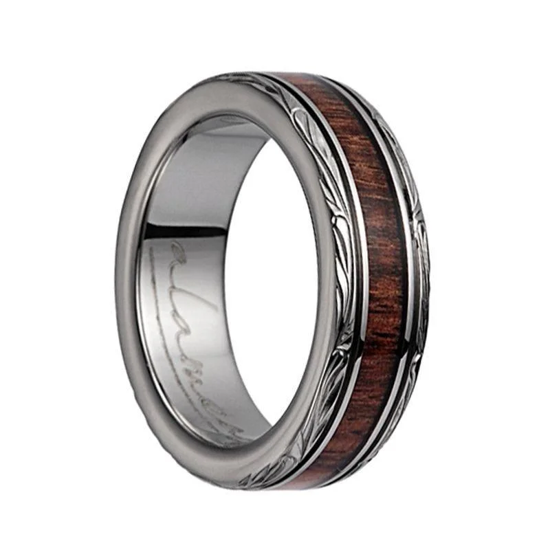 oval engagement rings for women-Titanium Domed Wedding Band With Koa Wood Inlay & Leaf Designed Edges - 6mm & 8mm