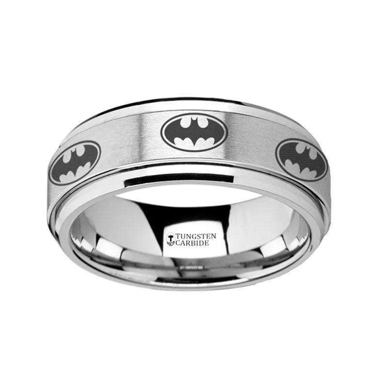 twisted solitaire engagement rings for women-Spinning Engraved Batman Logo Tungsten Carbide Spinner Wedding Band - 8mm