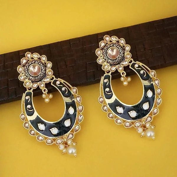 vintage pearl earrings for women-Kriaa Black Meenakari Kundan Gold Plated Dangler Earrings - 1316327F