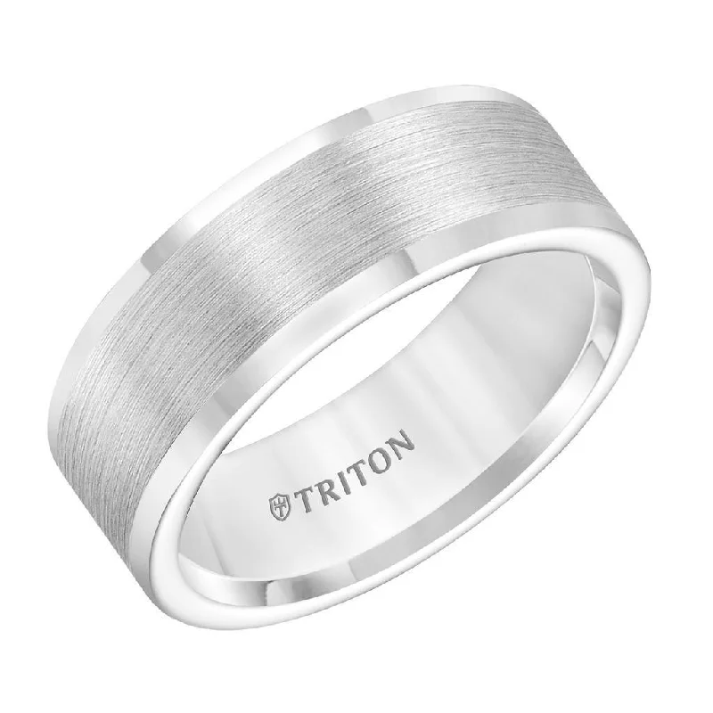 diamond solitaire engagement rings for women-ABRAMS Flat White Tungsten Wedding Band with Brushed Center by Triton Rings -  8mm