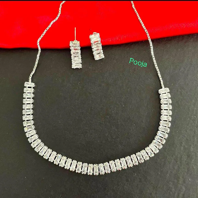 long chain ring necklaces for women-Pooja Bangles Silver Plated AD Stone Necklace Set