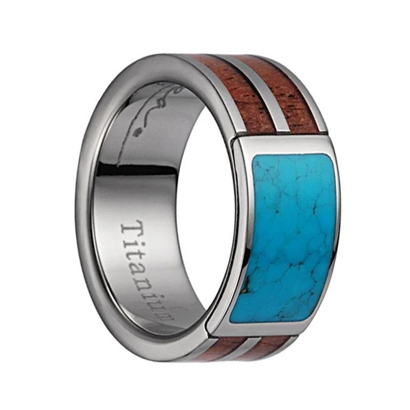 elegant engagement rings for women-Titanium Wedding Band With Polished Edges & Pink Ivory Wood/Turquoise Inlay - 8mm