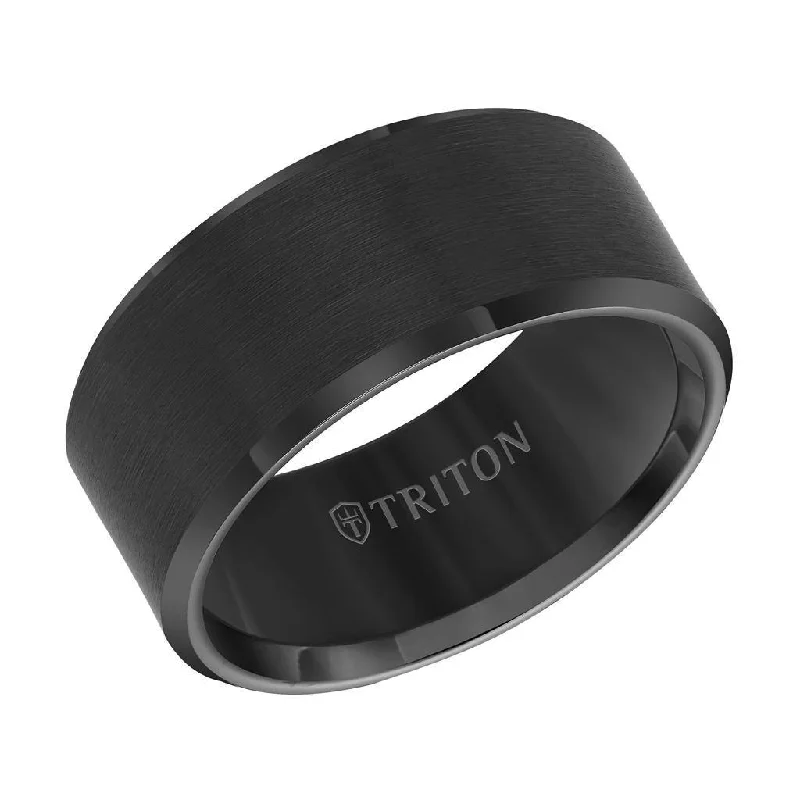 double halo engagement rings for women-GRESHAM Beveled Edge Satin Finish Black Tungsten Carbide Wedding Band by Triton Rings - 10 mm