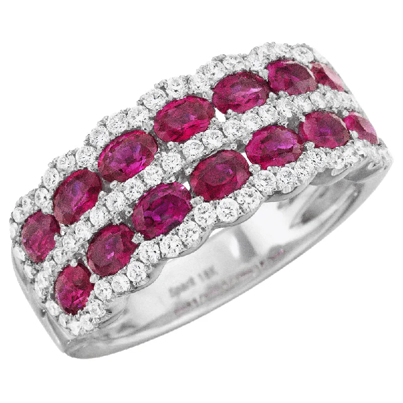 small diamond engagement rings for women-Oval Ruby & Diamond Scalloped Wedding Band Stackable Ring 18K