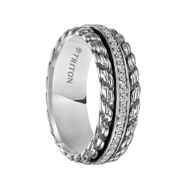 custom wedding rings for women-AVIDOR Sterling Silver Cast Wedding Band with Woven Pattern and Raised Center Circle of Diamonds - 7 mm