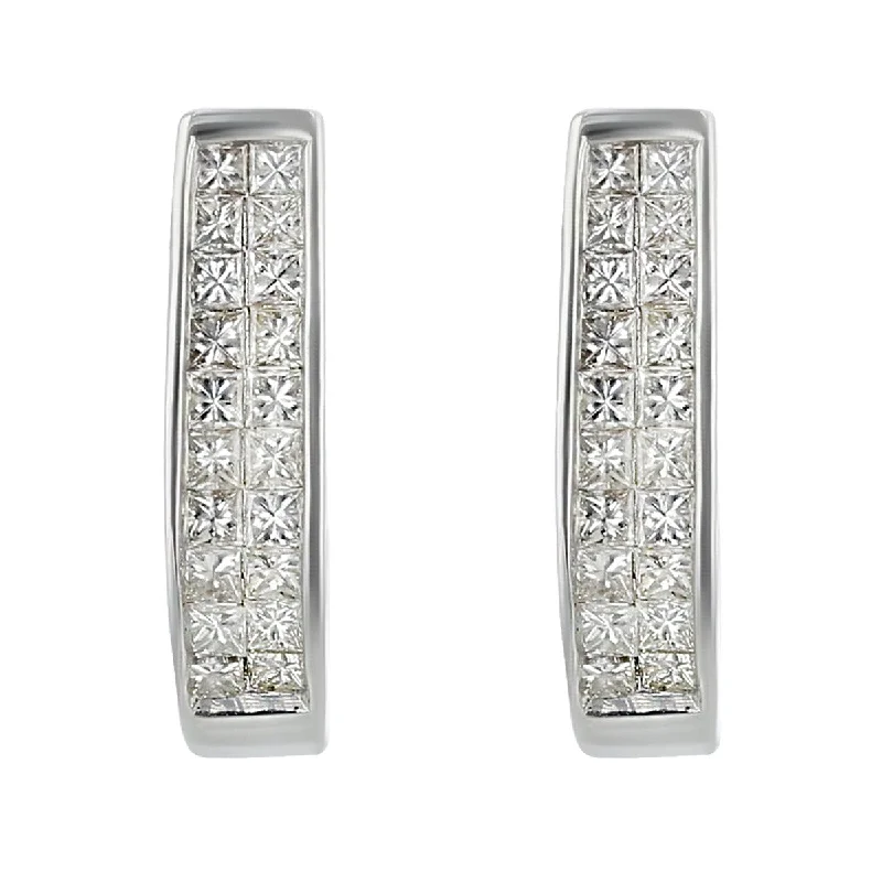 statement drop earrings for women-Two Row Princess-Cut Diamond Hoop Earrings