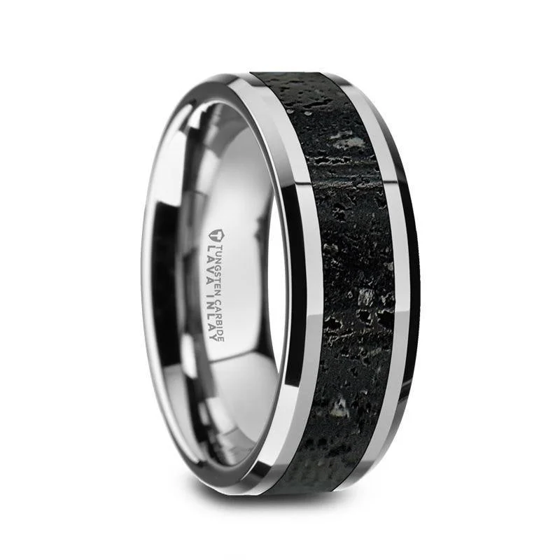 antique gold engagement rings for women-KILAUEA Men’s Polished Tungsten Wedding Band with Black & Gray Lava Rock Stone Inlay & Polished Beveled Edges - 8mm