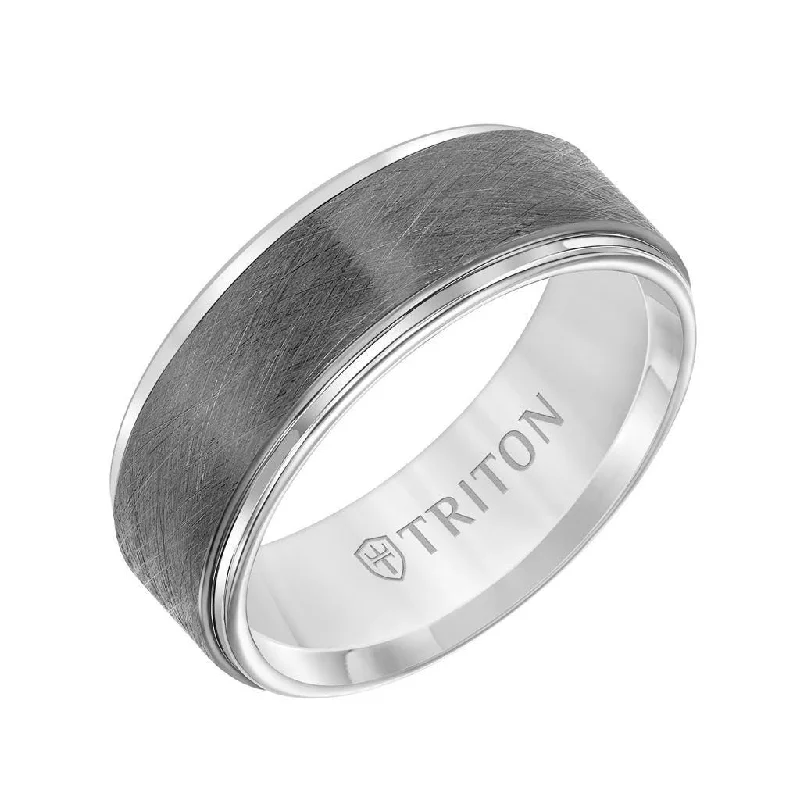 antique engagement rings for women-GATEWAY White Tungsten Two-Tone Wire Brushed Center Men’s Wedding Band with Polished Edges by Triton Rings - 8mm