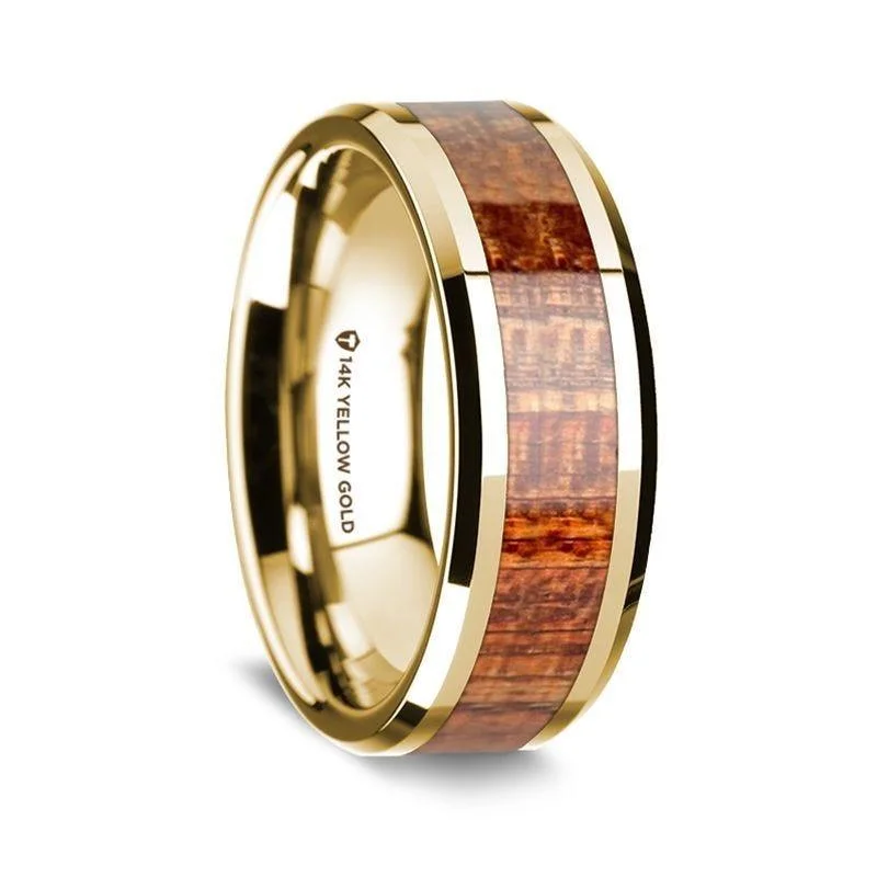 romantic engagement rings for women-14K Yellow Gold Polished Beveled Edges Men's Wedding Band with Mahogany Wood Inlay - 8 mm