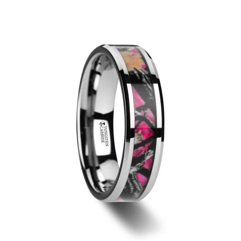 stackable engagement rings for women-JULIET Realistic Tree Camo Tungsten Carbide Wedding Band with Real Pink Oak Leaves - 6mm - 8mm