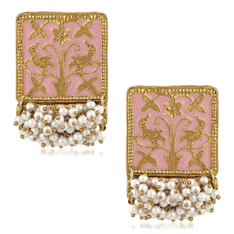 bold earrings for women-Mahi Ethnic Meenakari Work Rectangular Shape Dangler Earring with Artificial Pearl for Women VECJ100138Pin