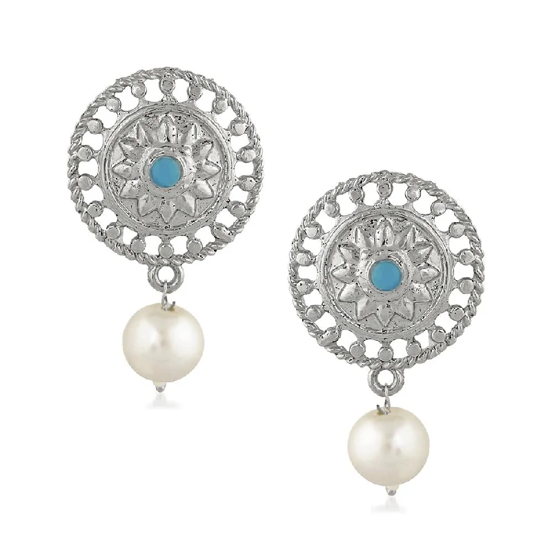 luxury earrings for women-Mahi Sky Blue Kundan and Artificial Pearl Traditional Dangler Earrings for Women (VECJ100220)