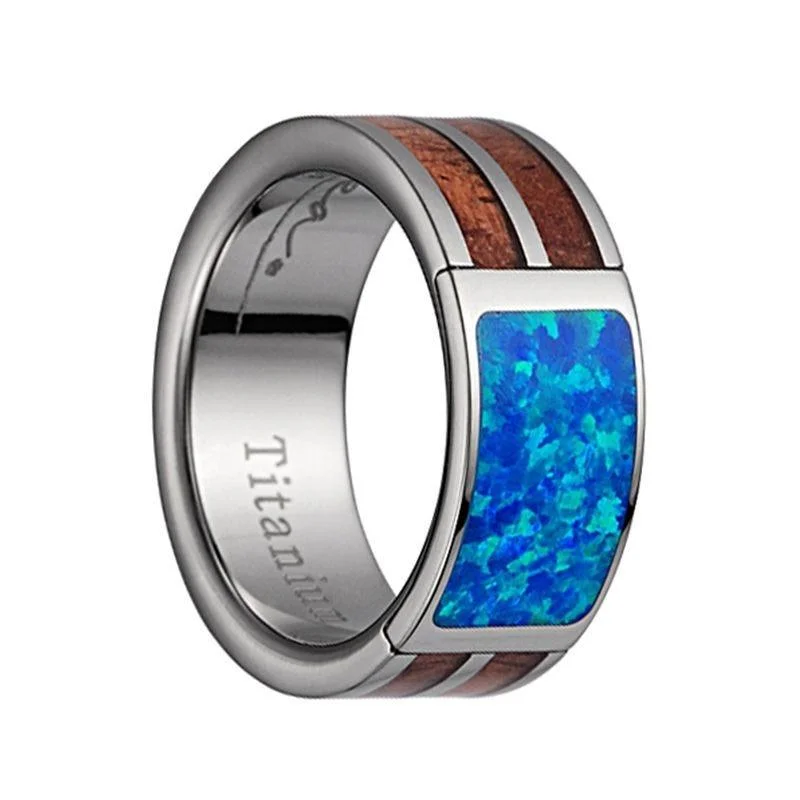 blue diamond engagement rings for women-Titanium Wedding Band With Pink Ivory Wood/Opal Inlay & Polished Edges - 8mm