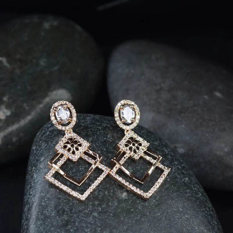 boho earrings for women-Etnico Valentine's Special Rose Gold Plated & White AD Studded Drop Earrings for Women (E2977)