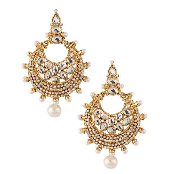 heart-shaped earrings for women-Kriaa White Kundan Gold Plated Pearl Dangler Earrings - 1303736