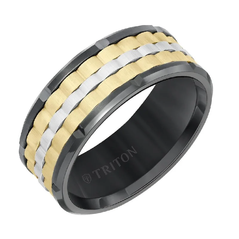 small diamond engagement rings for women-TREY Black Tungsten Tri-Color Basket Weave Wedding Band with Polished Edges & Cut Accents by Triton Rings - 9mm