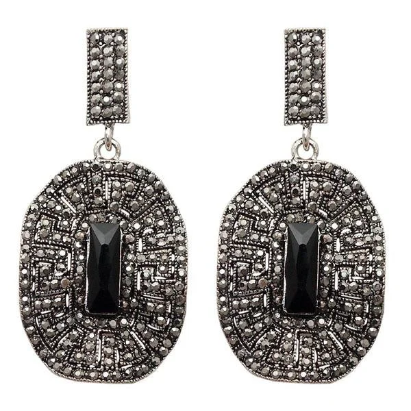 cubic zirconia earrings for women-Jeweljunk Black Marcasite Stone Oxidised Dangler Earring - 1307739A