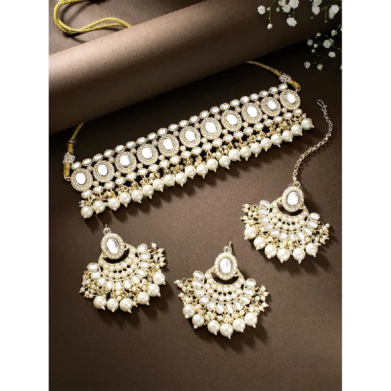 ring and chain necklaces for women-Etnico Gold Plated Traditional Kundan Choker Necklace Set Gift for Women & Girls(K7228W)