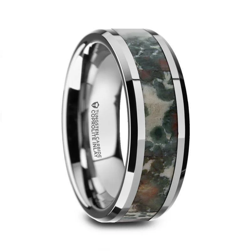 twisted band engagement rings for women-CRETACEOUS Tungsten Carbide Beveled Men's Wedding Band with Coprolite Fossil Inlay - 8mm