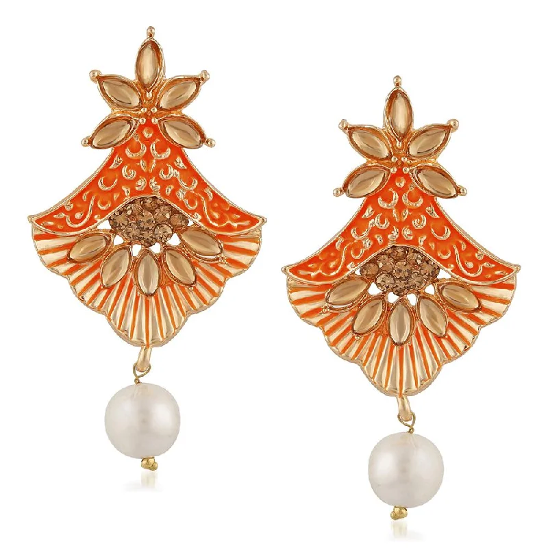 boho earrings for women-Mahi Meenakari Work Rosegold Plated Floral Dangler Earrings with Crystal and Artificial Pearl for Womens (ER1109675Z)