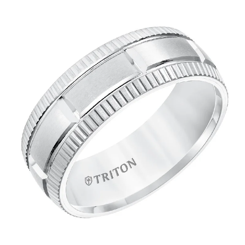 custom diamond engagement rings for women-ANTOLIA White Tungsten Satin Finished Coin Edge Wedding Band with Grooved Brick Style Center by Triton Rings - 8mm