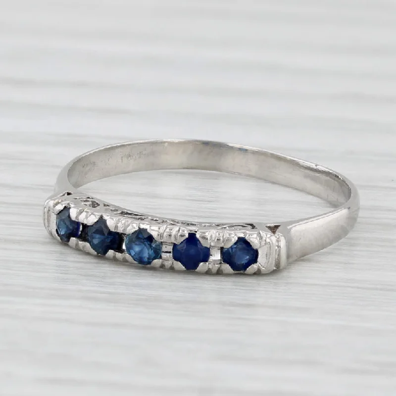 simple engagement rings for women-Vintage 0.27ctw Blue Sapphire Stackable Ring 750 Platinum Wedding Band Sz 6.75-7