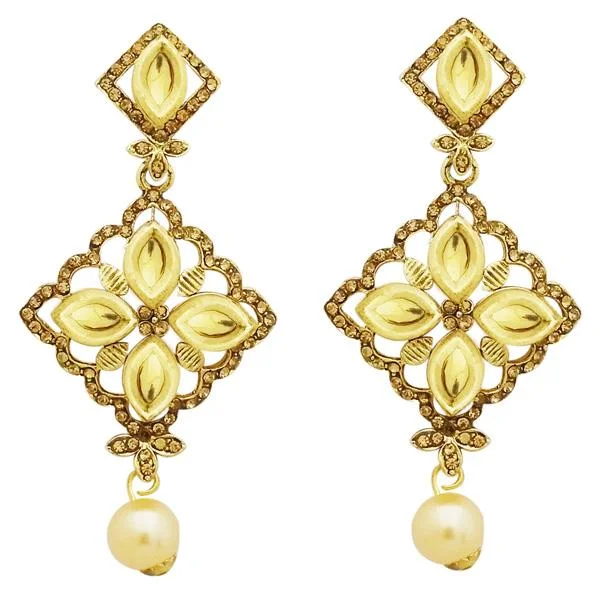 diamond stud earrings for women-Jheel Austrian Stone Gold Plated Pearl Drop Dangler Earrings - 2900239A