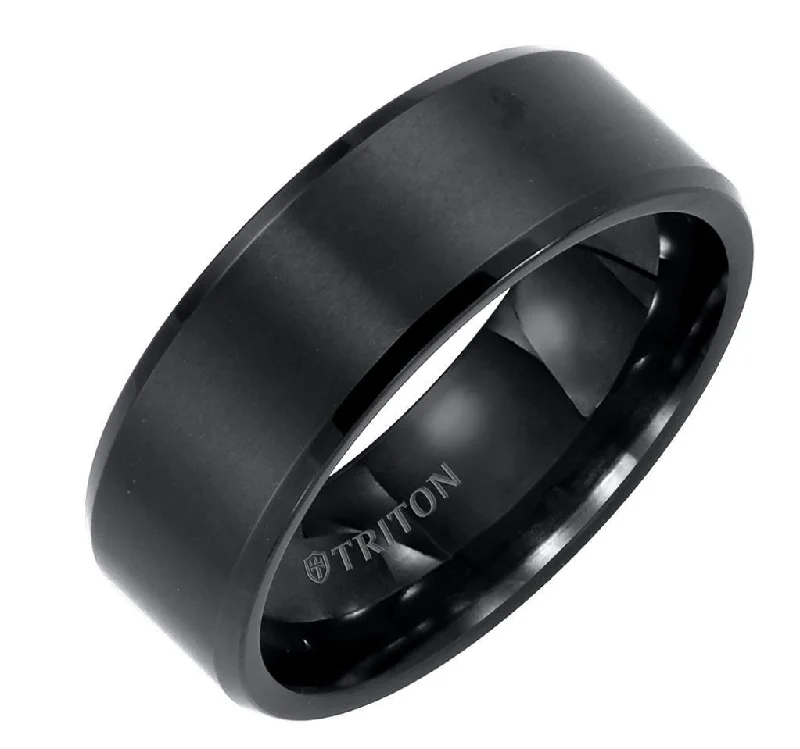 twisted solitaire engagement rings for women-GRAYSON Flat Polished Edge Satin Finish Black Tungsten Carbide Wedding Band by Triton Rings - 8 mm