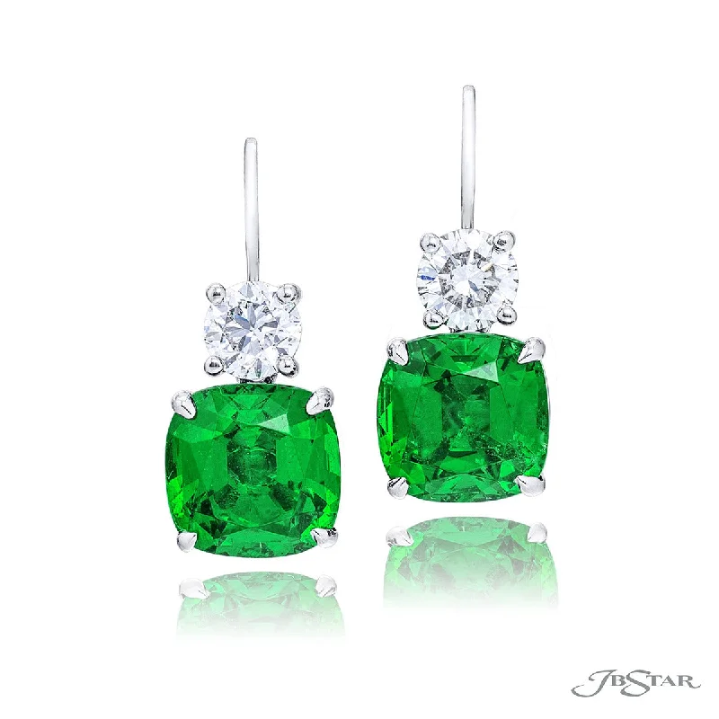 art deco earrings for women-Vivid Green Cushion Emerald and Diamond Drop Earrings