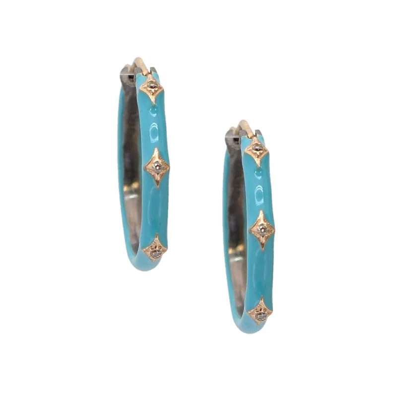 vintage earrings for women-Rose World Hoop Earrings in Turquoise Enamel with Champagne Diamonds