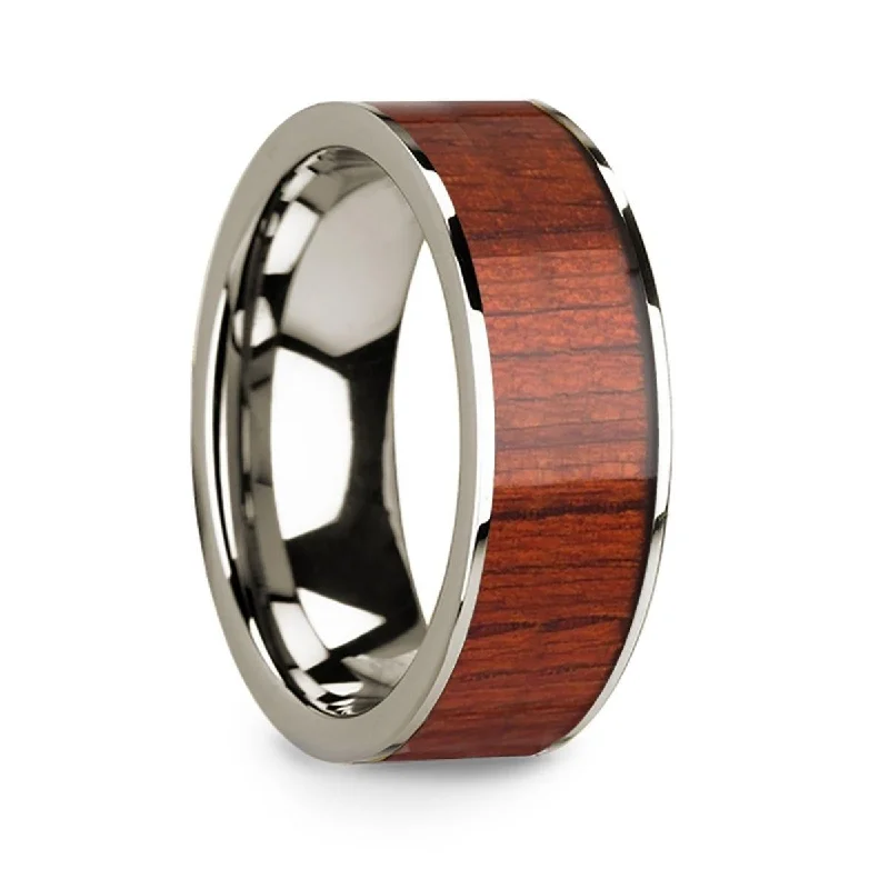 affordable diamond engagement rings for women-Polished Finish 14k White Gold Men’s Wedding Band with Padauk Wood Inlay - 8mm