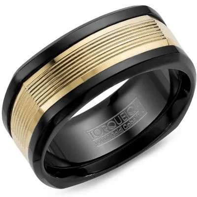 custom wedding rings for women-Black Cobalt Squared Wedding Band with Grooved 14k Yellow Gold Inlay by Crown Ring - 9mm